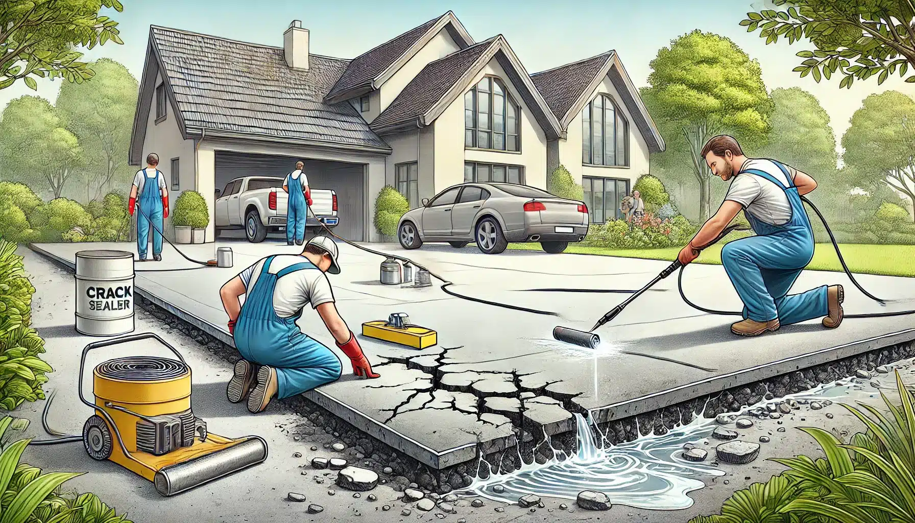 This image illustrates various maintenance tasks such as cleaning, crack repair, and sealing, highlighting the comprehensive care needed for concrete driveways.