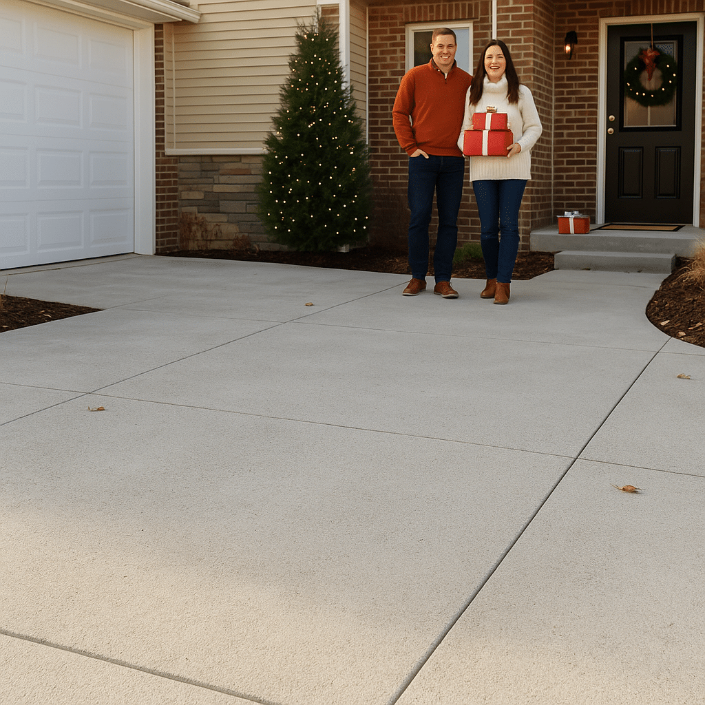 Holiday themed image of a couple standing on their new concrete driveway by Titan Concrete Company.